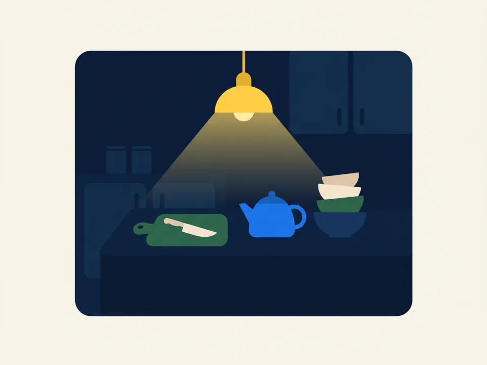 La stessa cucina di notte, illuminata solo da una lampada gialla a soffitto: tutto è scuro e giallastro.