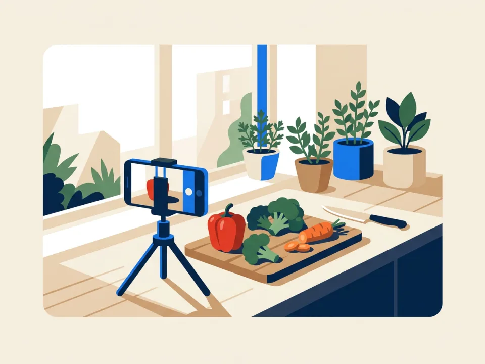 Un piano di cucina davanti a una finestra luminosa, con lo smartphone su un piccolo treppiede che riprende il tagliere.