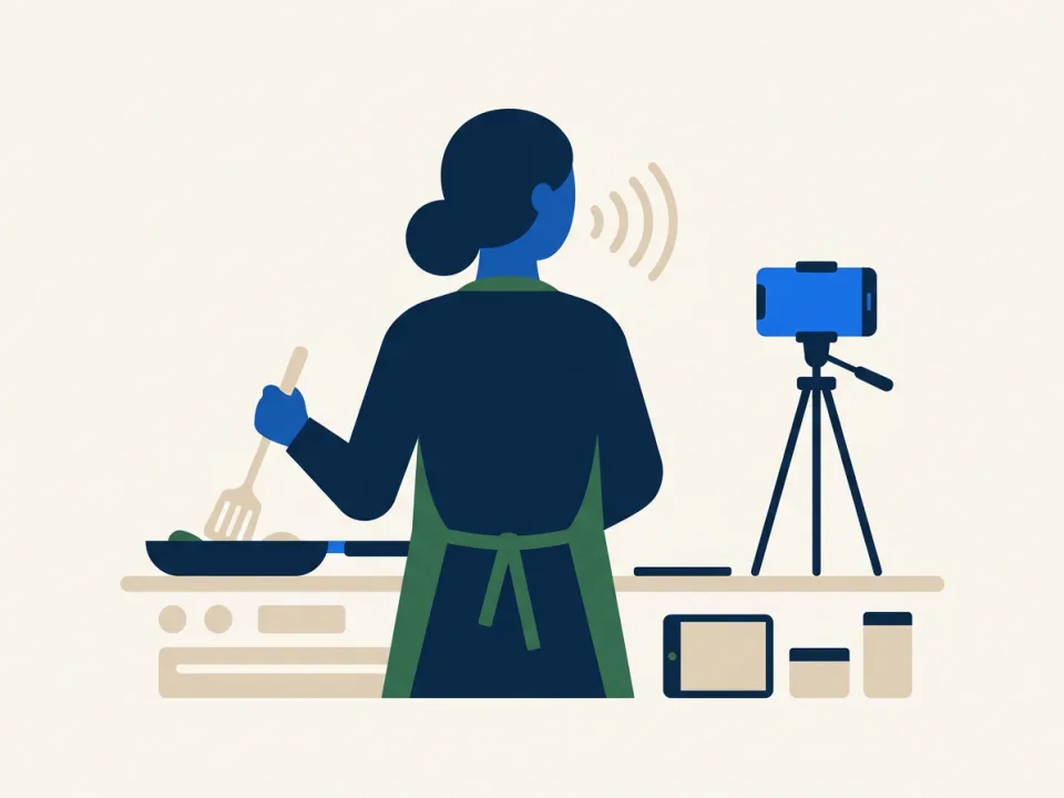 La sagoma di una persona di spalle che cucina e parla, con le onde della voce e il telefono sul treppiede.