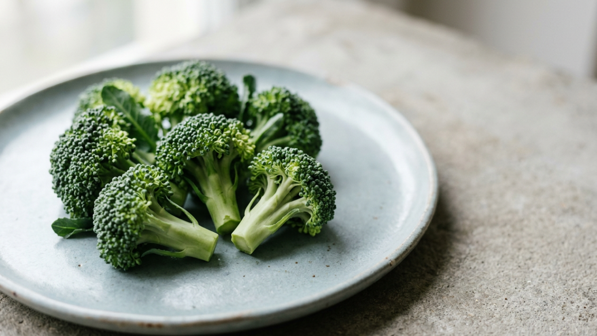 Cimette di broccolo crudo con un pezzo di gambo appoggiate su una ceramica azzurro-grigia.