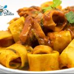 Piatto di calamarata con anelli di pasta e calamari in un sugo rosso di pomodorini, basilico e prezzemolo