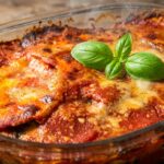 Parmigiana di melanzane alla sannita nella pirofila di vetro, con crosticina di Grana gratinata e basilico fresco