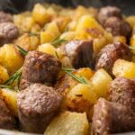 Salsiccia e patate in padella a tocchetti con crosticina dorata e rosmarino secco, servite calde nel piatto